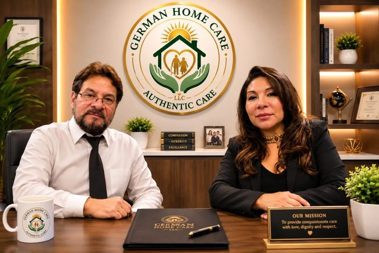 German and Giannina Espinoza seated together at a desk in the German Home Care office.
